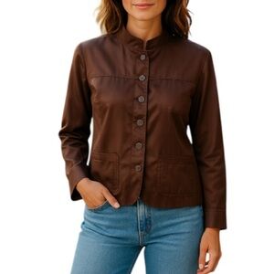 SILKLAND 100% Silk Mandarin Collar Blazer Brown Pockets Flip Cuff Long Sleeve 12